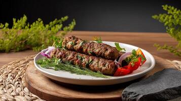 Appetizing Adana Kebabs Presented on Elegant Plate photo