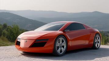 Futuristic car concept against a mountain backdrop display its smooth design photo