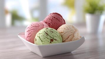 Colorful assortment of ice cream scoops in a white square bowl photo