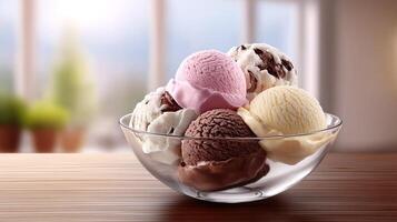 Indulgent bowl overflowing with colorful scoops of creamy ice cream dessert photo