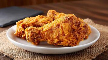 Crispy golden fried chicken on a white plate, delicious and appetizing photo