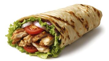 Delicious grilled chicken wrap with fresh vegetables and a white background photo