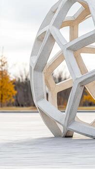 Captivating geometric sculpture with intricate abstract patterns, a modern architectural marvel set against an autumnal backdrop, showcasing innovative design and artistic form. photo