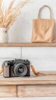 Classic Retro Camera with Leather Strap on a Wooden Shelf, Evoking Nostalgia and the Art of Photography for Creative Lifestyle and Travel. photo