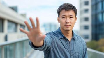 Young Asian man making a clear stop gesture, asserting boundaries or refusal in an urban outdoor setting, symbolizing control and direct communication. photo