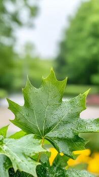 Vibrant Green Maple Leaf Adorned with Fresh Water Droplets, Capturing Nature's Pristine Beauty and Serene Essence in a Close-Up Botanical View. photo