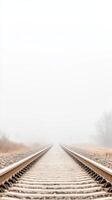 Misty Railway Tracks Disappearing into a Hazy Horizon A Serene, Foggy Landscape Evoking Solitude and the Promise of an Endless Journey photo