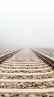 Ethereal Train Tracks Disappearing into Dense Fog A Mysterious Journey on a Misty Morning, Evoking Solitude and Infinite Possibilities photo