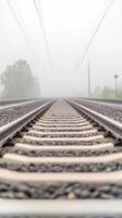 Misty Morning Railway A Vanishing Perspective Along Endless Train Tracks, Evoking a Sense of Serene Journey and Mysterious Destination. photo