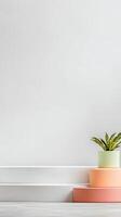 Minimalist Indoor Plant Decor Vibrant Greenery on Pastel Pedestals Against a Pristine White Wall. Modern Home Interior Aesthetic photo