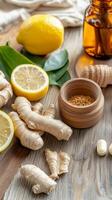 Natural Wellness Essentials A Close-Up of Fresh Ginger Roots, Zesty Lemons, and Herbal Supplements for Holistic Health and Immune Support photo
