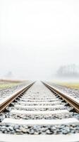 A captivating photographic study of railway tracks disappearing into a dense fog, evoking a sense of serene journey and the endless possibilities of the path ahead. photo