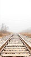 Ethereal Railway Tracks Vanishing into Dense Fog A Serene, Solitary Path Leading Towards an Unknown Horizon, Evoking Mystery and Tranquility photo