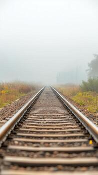 un cautivador ver de ferrocarril pistas desapareciendo dentro un denso, atmosférico niebla, evocando un sentido de misterioso viaje y sereno soledad. foto