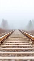Enigmatic Railway Tracks Disappearing into Dense Fog A Journey into the Misted Horizon, Evoking Solitude and Infinite Possibility photo