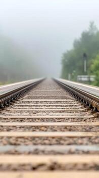 misterioso ferrocarril pistas desaparecer dentro un denso, atmosférico niebla, evocando un sentido de interminable viaje y tranquilo soledad en el natural paisaje. foto