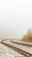 Curving Railroad Tracks Vanishing into a Dense Morning Fog, Evoking a Sense of Mysterious Journey and Tranquil Solitude in the Misty Landscape. photo