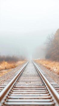 brumoso otoño ferrocarril pistas desvanecimiento dentro brumoso horizonte un sereno rural viaje mediante un tranquilo, atmosférico paisaje con líder líneas foto