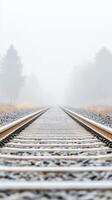 Misty Railway Tracks Disappearing into Foggy Horizon A Serene Journey Through a Tranquil, Atmospheric Landscape with Vanishing Point Perspective photo
