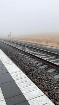 Ethereal Fog blankets a desolate railway track stretching into the vast, muted landscape, evoking a sense of tranquil mystery and endless journey. photo