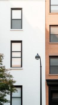 urbano arquitectónico contraste un prístino blanco edificio con pulcro negro ventanas, yuxtapuesto en contra calentar ladrillo, presentando un calle lámpara en claro luz foto
