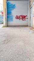 Vibrant Red Graffiti Tag on Corrugated Metal Garage Door in Urban Alleyway, Capturing Raw Street Art and Architectural Texture photo