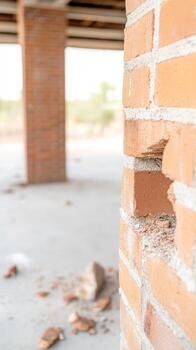 Close-up of a weathered brick wall and column at an unfinished construction site, revealing raw textures and structural details. photo