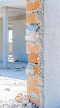 Close-up of an unfinished building wall revealing layers of textured brick and raw concrete, embodying the essence of construction and architectural progress. photo