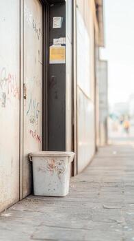 Gritty Urban Wall with Graffiti and Trash Bin on Concrete Sidewalk A Study in City Texture and Neglect photo