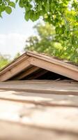 Captivating close-up of a rustic wooden roof structure bathed in natural sunlight, framed by lush green foliage and a serene sky, evoking tranquility and natural craftsmanship. photo