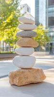 Mindful Stone Stacking A Serene Cairn of Balanced Rocks, Evoking Peace and Tranquility in a Vibrant Urban Environment. photo