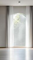 Luminous Interior Space Arched Window with Sheer Curtains Bathed in Natural Sunlight, Offering a Serene View of Greenery and Modern Minimalist Design. photo