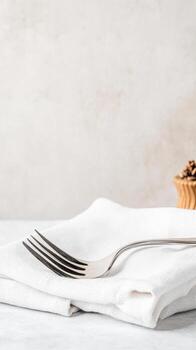Minimalist Silver Fork on Crisp White Napkin, Ready for Dining. Clean Table Setting for Elegant Meals, Perfect for Home or Restaurant Use. photo