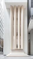 Striking Modern Architectural Facade with Elegant Vertical Wood Elements and Pristine White Stone Steps, a Vision of Contemporary Urban Design. photo