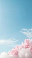 Soft Pink Clouds Adrift in a Tranquil Blue Sky, Evoking Serenity and Whimsy. Ideal for Dreamy Backgrounds and Gentle Aesthetics. photo