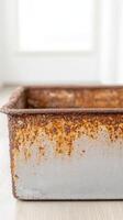 Close-up of a richly textured rusty metal container, showcasing the vibrant orange and brown patina of corrosion on its aged surface. photo