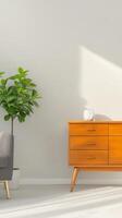Serene modern interior with a vibrant green plant, elegant mid-century wooden cabinet, and cozy grey sofa bathed in soft natural sunlight. photo
