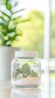 Serene Eucalyptus and Palo Santo Display in Glass Jar A Natural Touch for Modern Home Decor and Wellness Spaces, Bathed in Gentle Light photo
