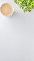 Overhead view of a creamy latte in a pristine white cup, artfully complemented by a vibrant green potted plant on a clean, bright surface. photo