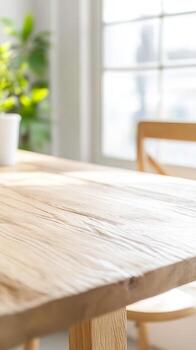 Sunlit Rustic Wooden Table in a Bright, Serene Home Interior. Natural Light Bathes the Textured Surface, Creating a Peaceful and Inviting Atmosphere. photo