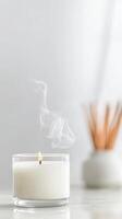 Elegant White Scented Candle with Whispering Smoke, Creating a Serene Ambiance for Relaxation and Peaceful Home Decor. Minimalist Design. photo