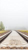 A captivating view of train tracks disappearing into a dense, atmospheric fog, evoking a sense of mystery, journey, and the vast, unknown path ahead. photo