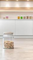 Aesthetic kitchen scene with a clear glass jar filled with dried herbal ingredients on a modern countertop, illuminated by soft shelf lighting, perfect for healthy living and home organization. photo
