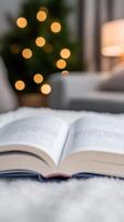 Cozy Evening Read Open Book on Soft Blanket with Warm Bokeh Lights. Tranquil Home Ambiance for Peaceful Relaxation and Intellectual Comfort. photo