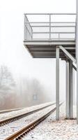 Winter's Embrace Snowy Train Tracks and an Industrial Metal Platform Disappear into the Fog. A Cold, Serene Landscape of Rail Transport. photo