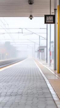 Misty Train Station Platform at Dawn Ethereal Fog Blankets Empty Railway Tracks, Evoking Solitude and Anticipation for Travelers photo