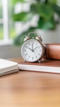 Vintage Alarm Clock and Books on a Wooden Desk, Symbolizing Morning Routine, Study, and Timeless Productivity in a Serene Home Office Setting. photo