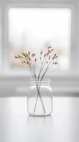 Elegant Dried Botanical Arrangement in a Transparent Glass Jar, Bathed in Soft Natural Light by a Bright Window, Creating a Calm and Minimalist Indoor Scene photo