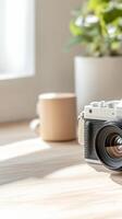 Vintage-style camera on a sunlit wooden desk, capturing the essence of a tranquil morning hobby. Perfect for creative lifestyle and photography enthusiasts. photo