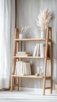 Serene Minimalist Bookshelf with Pampas Grass Decor A Cozy Home Interior Design Featuring Natural Wood and Neutral Tones for Modern Living Spaces photo